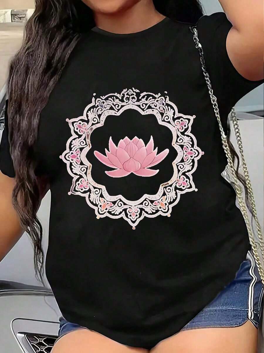 Camiseta Casual de Mujer Oversize de Manga Corta con Estampado Artístico de Loto Rosa y Mandala Multicolor - Tela Suave Lavable a Máquina, Cuello Redondo, Manga Corta, Vestido Casual, Camiseta de Mujer, Ropa para las Cuatro Estaciones, Tela Cómoda, 100% Algodón - Negro - Ver 1