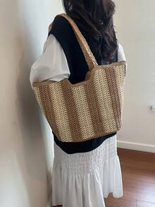 夏季草編海灘包 大容量手提包 度假風簡約百搭女包 - 卡其色 - 查看 3