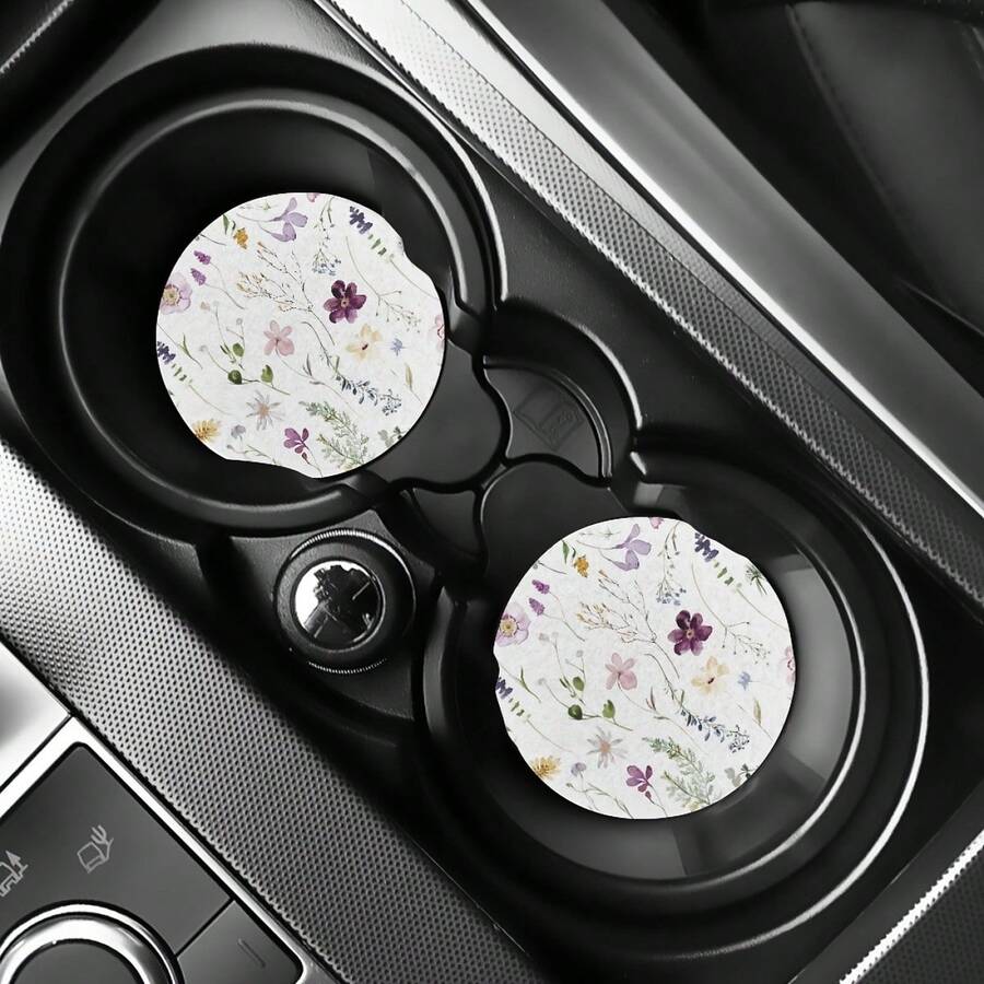 2pcs Flower Plant Absorbent Car Cup Holder Coaster Mats Water Cup Coasters For Women Car Interior Additions Vehicle Home Desk Decor - Colorful - View 1