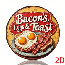 2D Flat - Round Iron Wall Decor, Adopting Retro Design, Pattern Of Bacon, Egg And Toast. Suitable For Cafes, Restaurants, Bars, Kitchens And American Dining Spaces - A - View 2