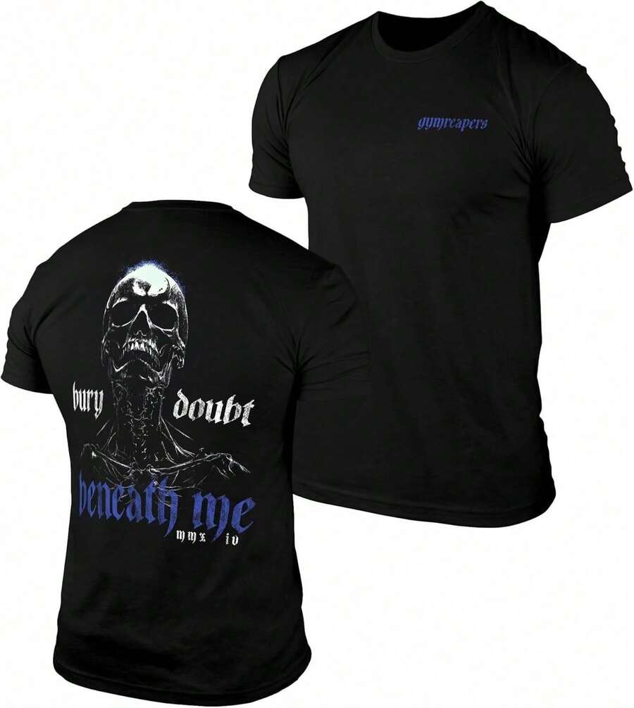 Camiseta Deportiva Gymreapers para Hombre con Diseño de Calavera - Absorbe la Humedad - Manga Corta - Camiseta Deportiva para Correr y Fitness - Corte Ajustado y Secado Rápido - Negro - Ver 1