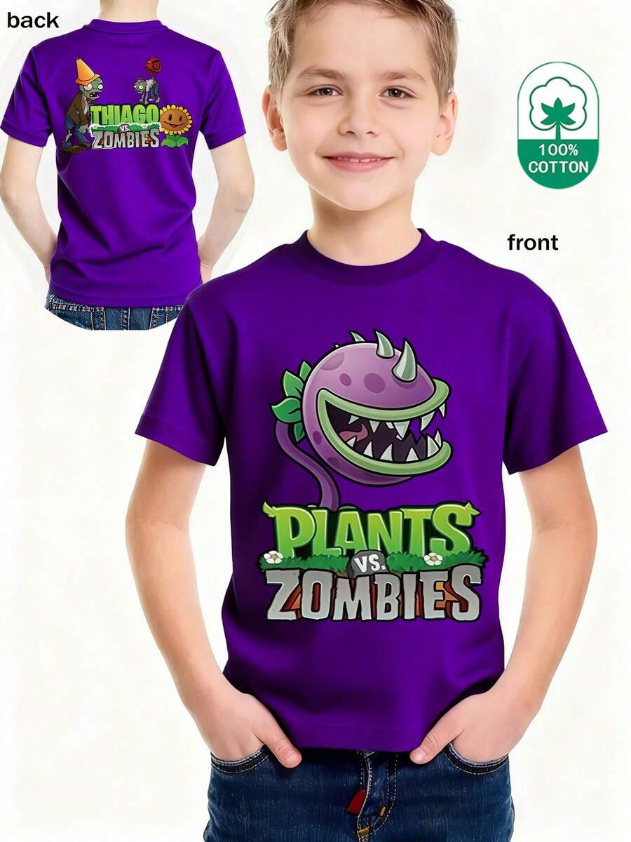 Casual Crew Neck T-Shirt, Sheer Short Sleeve T-Shirt With Pattern, Minimalist Casual Style, Venus Trap And Tyrannosaurus Rex Flower Print T-Shirt Top, Machine Washable, Small, Medium And Large For Spring, Summer, Autumn And Clothing For Ages 3 To 12 Years - 紅色 - 查看 1