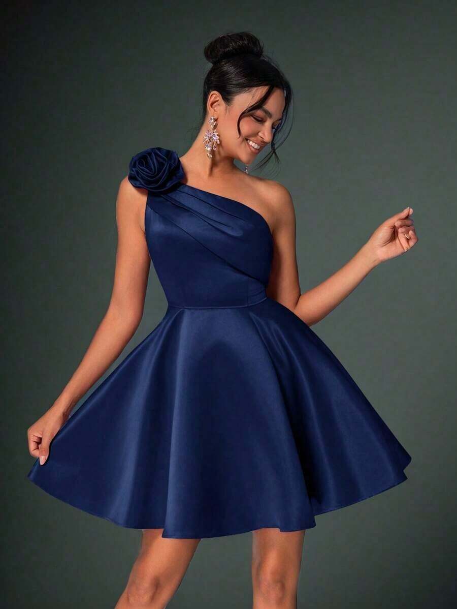 Lovelzi Elegante y lujoso vestido mini de fiesta con asimetría de volantes y flores 3D de color rosa loto
