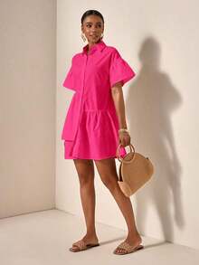 bfdbZivah Vestido de vacaciones de manga corta con volantes en el bajo y botones delanteros de unicolor, para veranosfb x WBBE - Rosa Fucsia - Ver 9