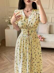 MEXCelisse Vestido de verano elegante para vacaciones con cuello en V, mangas abultadas y cintura ceñida con estampado floral diminutoMEX IJDX - Amarillo - Ver 3