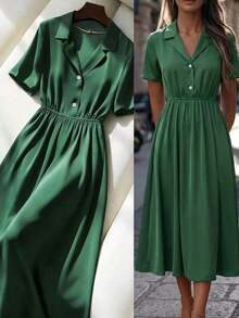 MEXFranclia Vestido de línea A elegante e intelectual con efecto de drapeado en verde apagado, combínalo con accesorios metálicos para un look sofisticadoMEX KAWN - Verde - Ver 9