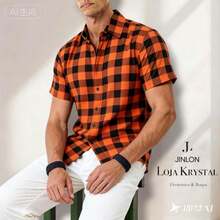 LK Checkered Printed Men's Short-Sleeve Dress Shirt For June Festivals - Orange - View 2
