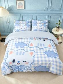 Juego de ropa de cama de 2/3 piezas, juego de funda nórdica con estampado de gato azul a cuadros. Suave, cómodo, amigable con la piel, transpirable, adecuado para todas las estaciones, decoración navideña, regalo de Navidad, disponible en tamaños individual, doble, queen, king, dormitorio, textiles para el hogar minimalista, esencial para volver a la escuela, lavable a máquina, decoración de otoño, suministros para la habitación, 1 funda nórdica con 1/2 fundas de almohada (rellenos no incluidos). - Azul - Ver 5