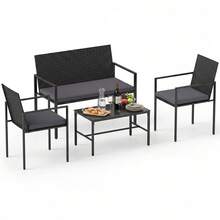 GOFLAME 4 PCS Outdoor Rattan Chairs & Loveseat Set With Tempered Glass Coffee Table And Seat Cushions Wicker Conversation Sofa Set For Backyard Porch - Grey - View 7