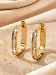 1 Pair Luxury Copper Zirconia Geometric Rectangle Hoop Earrings, Shiny Elegant Earrings For Women, Party/Holiday/Date Gift - Gold - View 6