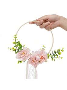 Boho Bridal Hoop Bouquet With Lace Tassel, Artificial Rose & Eucalyptus Handheld Flower Wreath For Wedding, Bridesmaid, Photo Prop - Multicolor - View 15