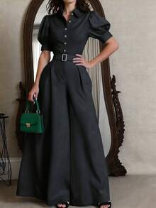 Elegant Women Wide Leg Jumpsuit With Puff Sleeve, Lapel, Button And Belt Design Black Summer - Black - View 3