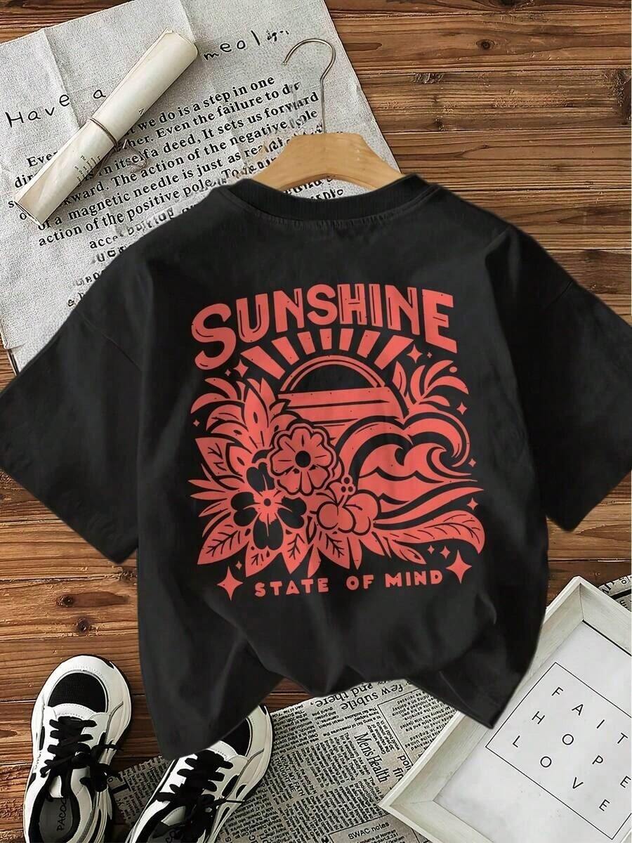 Rotondo T-Shirt In Cotone 100% With Stampa Grafica, Manica Corta, Girocollo, Top Casual Estivo Primaverile, Abbigliamento Donna Vintage Strada Casual - 黑色 - 查看 1