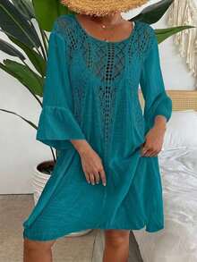 Swim Vcay Vestido cover up de croché en contraste de manga con volante - Negro - Ver 11