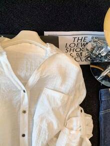Women's White Polyester Button-Down Shirt, Long Sleeves With Roll-Up Feature, Shirt Collar, Regular Length Casual Top, Suitable For Spring And Autumn - White - View 5
