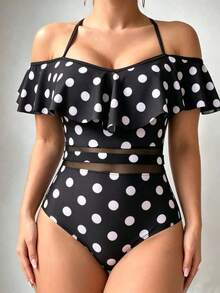 Traje de baño de una pieza con cuello halter de unicolor, adecuado para vacaciones en la playa, fiestas en la piscina, fiestas en la playa - Blanco y Negro - Ver 5