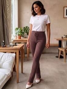 Women's Slim Fit Ribbed Knit Pants With High Waist And Adjustable Drawstring, Casual, Autumn/Winter Knitwear - Rust Brown - View 1