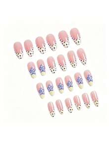 24pcs Almond-Shaped 3D Blue Embossed Floral Elegant French Tip Polka Dot Acrylic Press-On Nail Stickers, Create Fashionable Sweet French Style, Perfect Fit Easy To Wear, Suitable For Girls And Women For Daily, Holiday, Party Occasions Nails - Multicolor - View 2