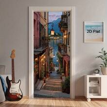 1/2pcs Modern European Village Door Sticker - Self-Adhesive Removable PVC Film, Italian Style Balcony And Cobblestone Path Design, Peelable Privacy Decal For Front Door, Rental, Home Decor - Easy Application And Residue-Free Removal, Charming Seaside Night View, 2D Flat Rectangular Door Wall Mural Suitable For Office Or Living Room, Mediterranean Style Decorative Door Art - A - View 5