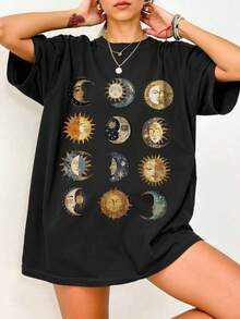 Swimsuit? Oh, Not Even? (Only Available For The Short-Sleeved T-Shirt Shown In The Image) CURVE+ Women's Plus Size Loose Fit Mid-Length Pure Cotton Crew Neck Short Sleeve T-Shirt With Star, Moon And Sun Print, Casual, Sweat-Absorbent And Breathable. - 白色 - 查看 1