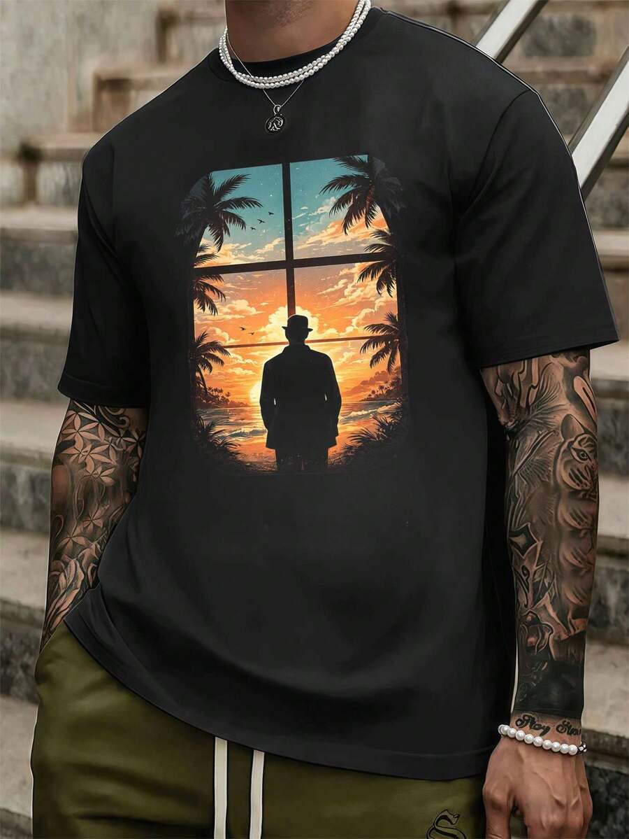 Men's Sunset Palm Tree Print T-Shirt, Crew Neck, Loose Fit, Hip Hop Street Style, Comfortable, Art Print. - Preto - Ver 1