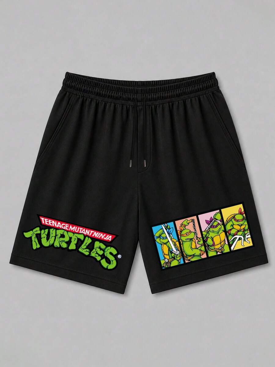 Strevion TEENAGE MUTANT NINJA TURTLES | SHEIN 男士夏季寬鬆忍者龜印花休閒運動短褲 - 黑色 - 查看 1