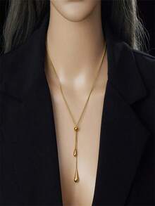 1 Set de joyería con colgante de lágrima chapado en oro de acero inoxidable y cadena con borla - Dorado - Ver 4