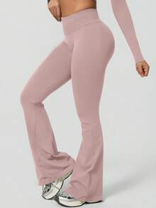 NcmRyu 1 pieza Pantalones deportivos de cintura alta, unicolor, sin costuras, minimalistas, con elástico y efecto levantador de glúteos, de campana, color negro, para primavera - Gris Claro - Ver 7