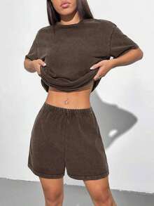Set de 2 piezas, camiseta y pantalones cortos, de estilo vintage para mujer - Marrón - Ver 6