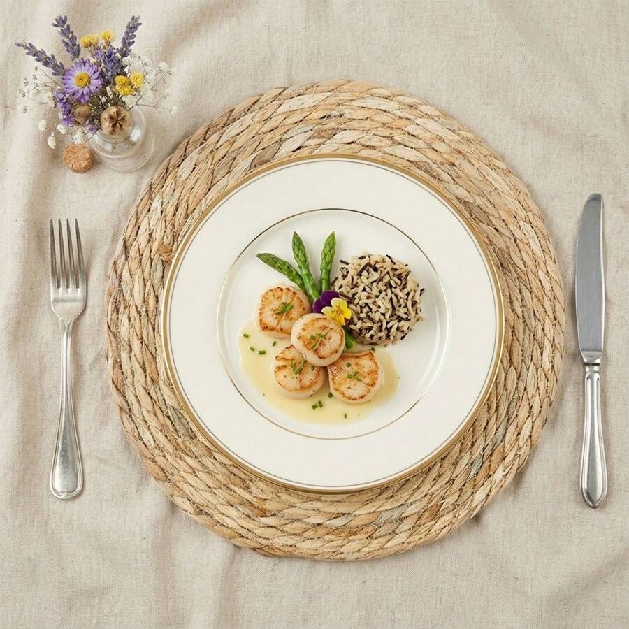 1 pieza/6 piezas Manteles individuales redondos tejidos de estilo bohemio - Diseño de ratán tejido a mano, perfecto para mesas de comedor & decoración del hogar – Ideal para bodas, Día de San Valentín, Navidad y fiestas - Color de la hierba - Ver 1