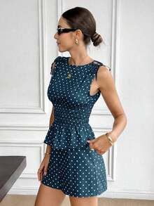 2026 Set de 2 piezas de top corto y shorts casuales con estampado de lunares para mujer - Azul marino - Ver 4