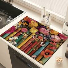 1pc Butterfly Book Pattern Printed Absorbent Dish Drying Mat, Dish Drying Pad, Espresso Machine Countertop Absorbent Mat, Sink Drain Mat, Soft Faucet Absorbent Mat, Sink Cup Mat, Home & Kitchen, Bathroom Accessories - Multicolor - View 4
