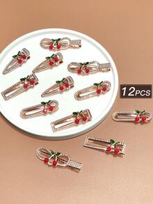 12pcs/Set Women's Fashionable Delicate Rhinestone Cherry Pattern Hair Clips, Suitable For Bangs And Side Use, Sweet And Cute Y2K Style, Perfect Summer Beach Accessory,Hair Slide - Multicolor - View 5