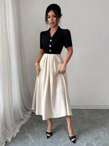 MEXChiquease Vestido casual con cuello en V, bloque de color parchwork y cintura entalladaMEX GO0N - Negro - Ver 3