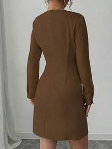 MEXChiquease Vestido corto casual, sencillo, de cuello redondo y manga larga con decoración de lazo para mujeresMEX AAWM - Marrón 2 - Ver 9
