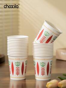 choxila 25/50/100pcs Bohemian Floral Pattern Disposable Paper Cups, Vintage Geometric Flower Design, Suitable For Hot/Cold Drinks, Applicable For Party, Home And Office - Paper Cups - View 2