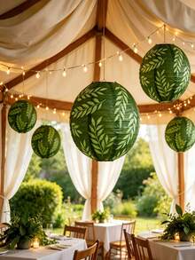 5pcs/Set Hawaiian Summer Beach Party Paper Lantern Set, Tropical Leaf Print Hanging Paper Lantern Decoration, Green Series Round Lanterns, Suitable For Luau Party, Tiki Beach Wedding, Backyard BBQ, Pool Party, Birthday, Indoor/Outdoor Hawaiian Theme Summer Decoration - Multicolor - View 8