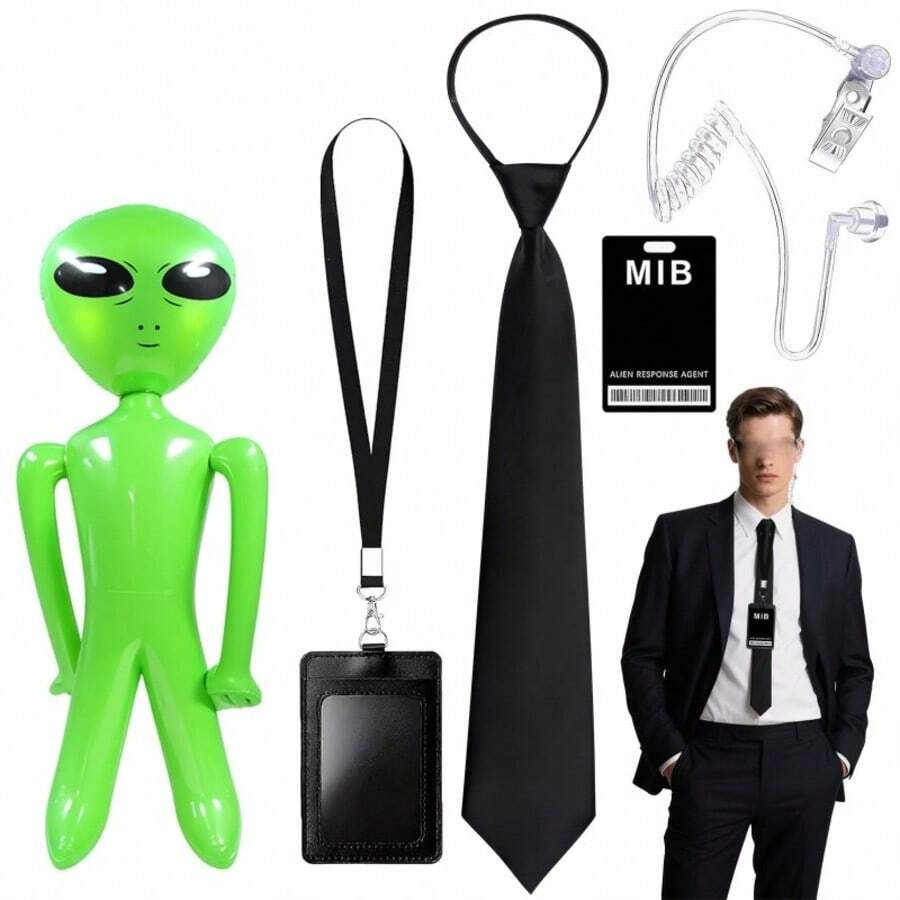 8pcs Men's Alien Costume Accessory Set - Theme Tie, Card Holder And Headphones, Suitable For Masquerade, Carnival, Cosplay And Other Theme Events, Cool Theme Party Costume,Halloween - Black - View 1