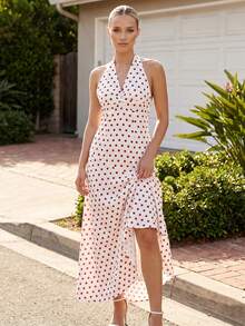 Women Dot Print Halter Dresses Slim Twist Front Sleeveless Backless A-line Long Dress for Daily Party Club - Blanco - Ver 2