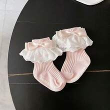 3 Pairs Pink Princess Style Baby Girl Socks, Cute Lace & Bow Decor, Suitable For Daily Wear, Great Gift For Babies - Multicolor - View 5