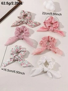 6pcs Floral Print Rabbit Ear & Scrunchie Hair Accessories, Pastoral Style Pink Daisy Flower, Suitable For Daily, Party, Vacation Outfit Elastic Hair Ties - Pink - View 6