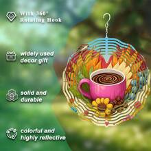 1 pieza Taza de café rosa 3D con carillón de viento con girasol, estilo soñador y acogedor, carillón de viento giratorio 3D de metal con gancho giratorio de 360°, crea un efecto artístico dinámico, ideal para decorar el patio, el balcón y el césped, su diseño único lo convierte en un regalo perfecto para amigos, familiares, maestros, repelente de pájaros para exteriores - A - Ver 3