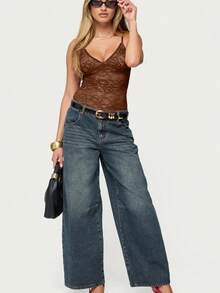 Women Tank Tops Fashion Deep V Neck Sleeveless Slim Fit Lace Floral Summer Crop Vest - Marrón oscuro - Ver 2