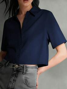 Conjunto de verano para mujer, camisa casual asimétrica con botones para mujer, moda y ocio - Azul marino - Ver 5