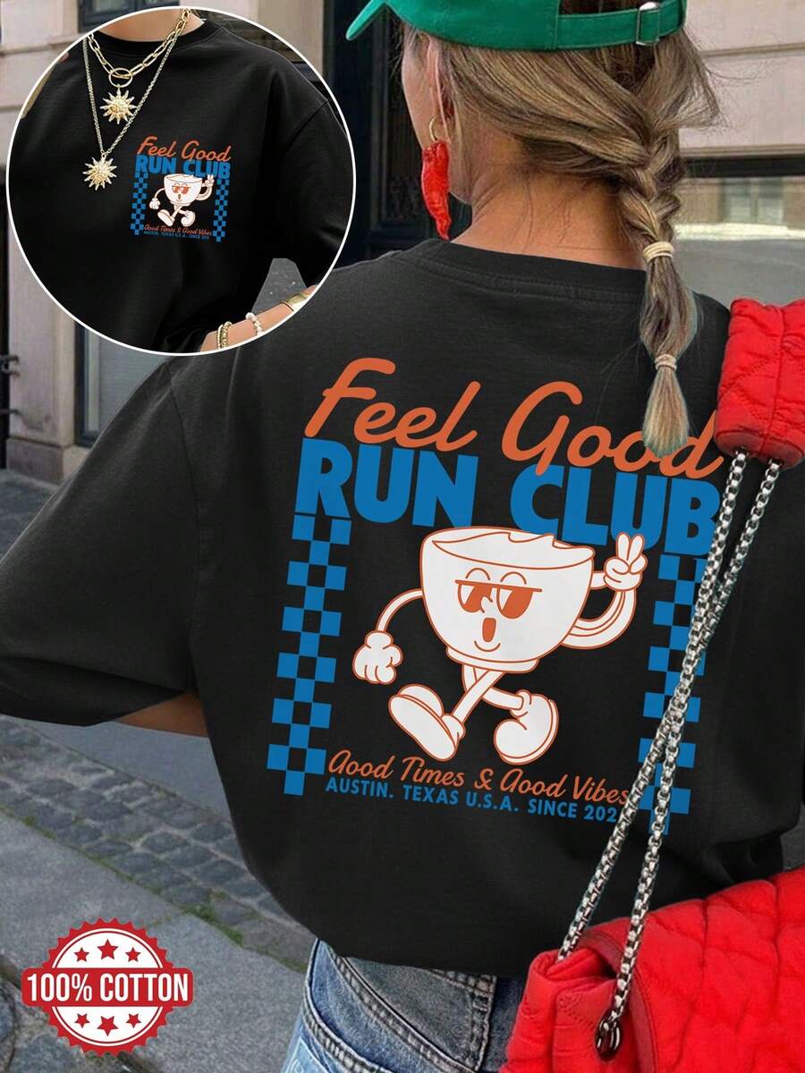 Women's Oversized Vintage Cartoon Print 'Feel Good RUN CLUB' Top, Spring Summer Short Sleeve Crew Neck Drop Shoulder - 黑色 - 查看 1