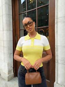 Suéter de punto de manga corta con cuello polo, diseño de bloques de color amarillo & blanco, estilo Y2K, primavera/verano, ajuste ceñido, adecuado para citas, ir al trabajo y viajar - Amarillo verdoso y blanco roto - Ver 9