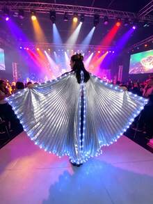 Ali con luci LED per danza del ventre, costume da performance professionale con luci, ali da fata argentate metalliche per carnevale, Ognissanti e feste rave, con bastoni telescopici - grigio argento - Visualizzare 1