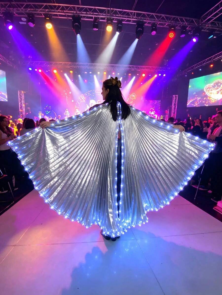 Ali con luci LED per danza del ventre, costume da performance professionale con luci, ali da fata argentate metalliche per carnevale, Ognissanti e feste rave, con bastoni telescopici - grigio argento - Visualizzare 1