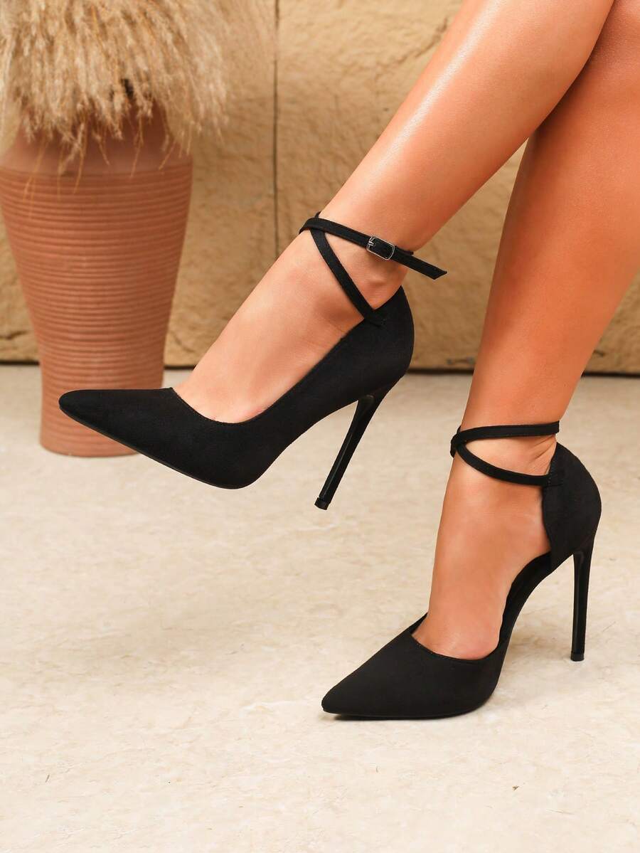 Giày cao gót mũi nhọn nhung đen thời trang gợi cảm 12cm có trang trí thắt lưng, giày nữ phong cách cổ tích đa năng cho mùa xuân và mùa thu, dự tiệc