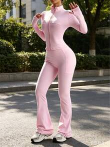 Women's Minimalist Sexy Pink Slim Fit Fitness Set, Waist-Cinched Flared Pants, High Elasticity Nude Feel Running Casual Sports Outfit, Hot Girl Style Pink Sports Set | Stand Collar Zipper Jacket + High Waist Flared Yoga Pants With Pockets 2pcs Set - Pink - View 3